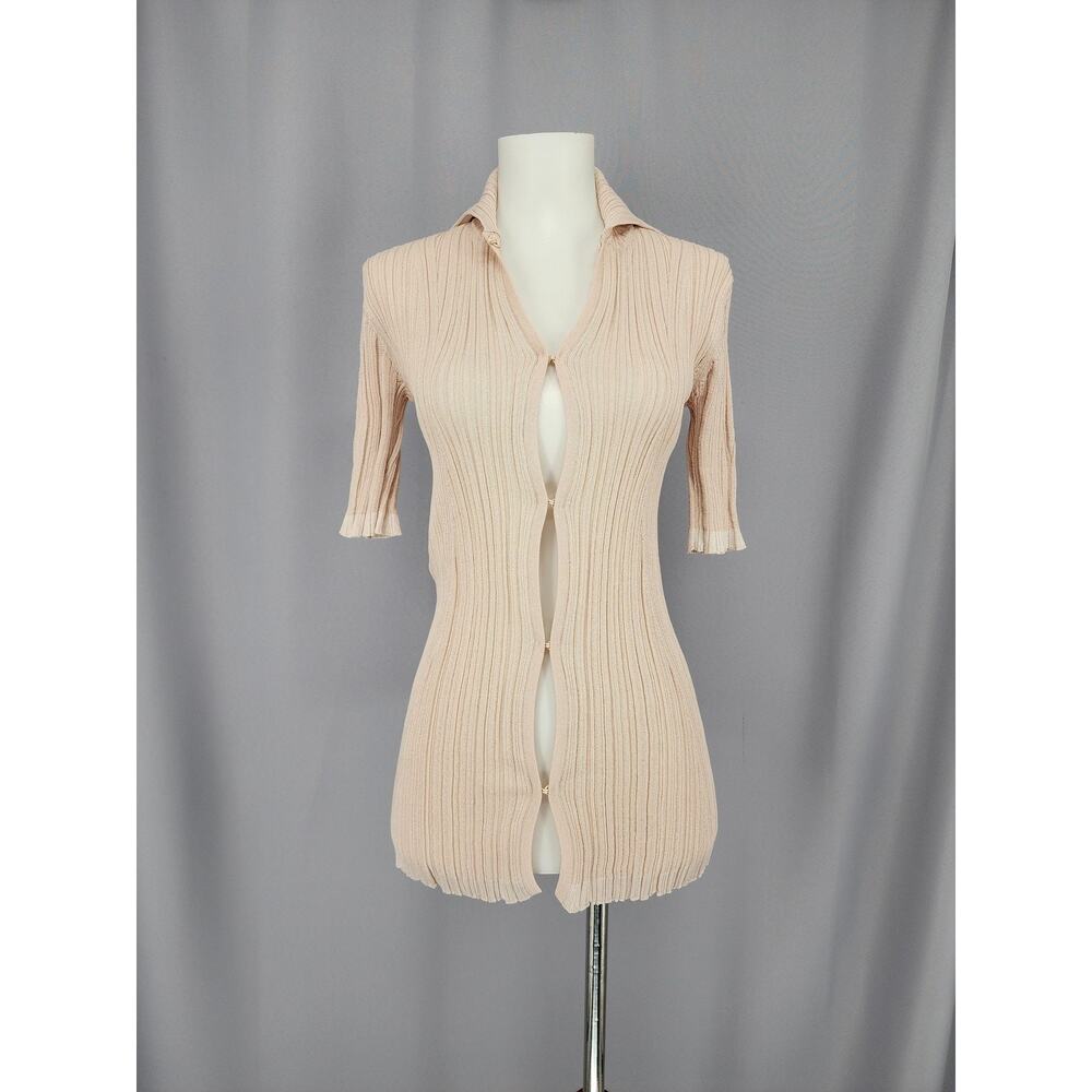 MCQ Shirt Womens XXS Beige Rib Knit Collared Short Sleeve Tunic Edgy Minimalist